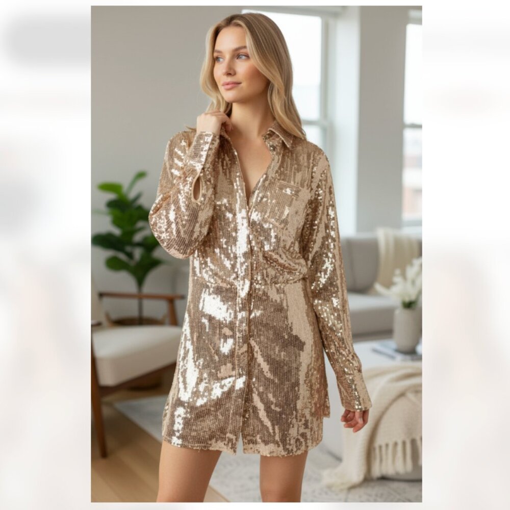 NWT Free People Sophie Sequin Long Sleeve Shirtdress Small, CHAMPAGNE
